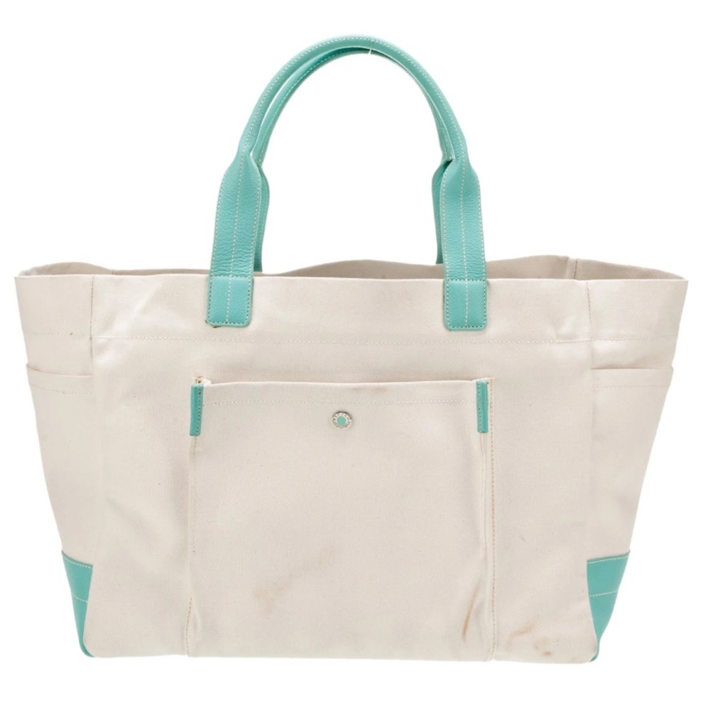 TIFFANY & CO Large Tiffany Blue/Natural Canvas Leather Trim Canvas Tote Bag